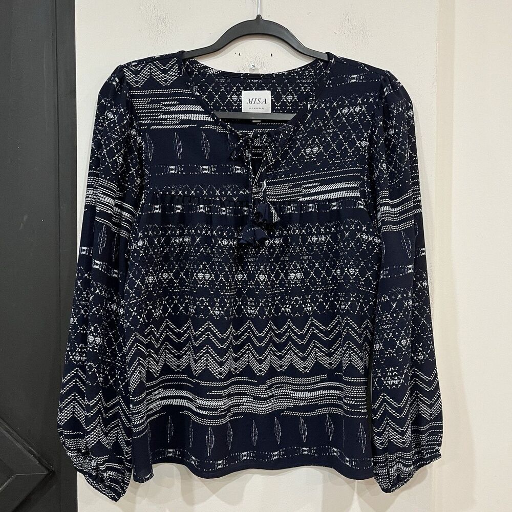 MISA Los Angeles Blue White Peasant Popover Blouse Top Size Medium Boho